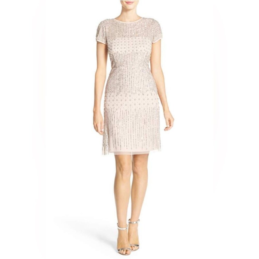 Adrianna Papell Cap Sleeve Blush Beaded Short-Sleeve Cocktail Dress 2
